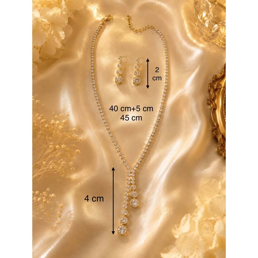 YUVARLAK TAŞLI, GOLD RENK, Y MODEL SUYOLU KOLYE VE KÜPE SETİ ACR9830