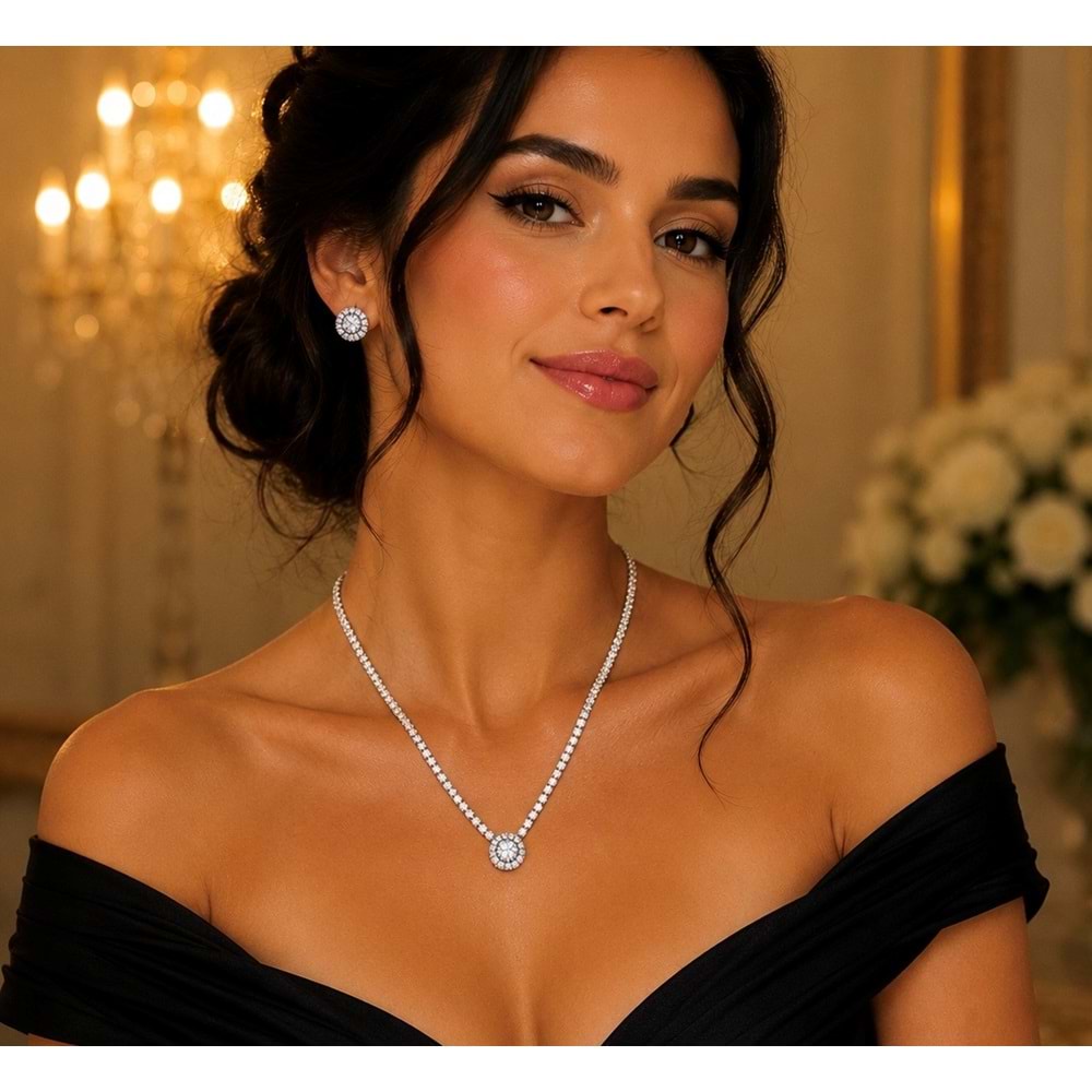 YUVARLAK TAŞLI SUYOLU KOLYE VE KÜPE SET ACR9832
