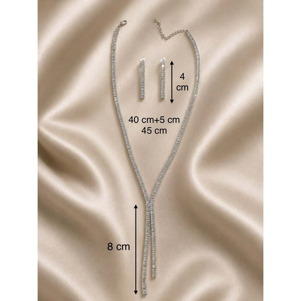 BAGET TAŞLI, GÜMÜŞ RENK Y MODEL, KOLYE VE KÜPE SETİ ACR9834