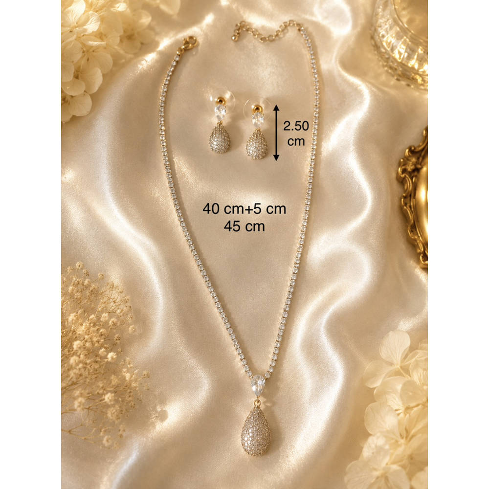 DAMLA MODEL, GOLD RENK, ZİRKON TAŞLI SUYOLU KOLYE VE KÜPE SETİ ACR9835