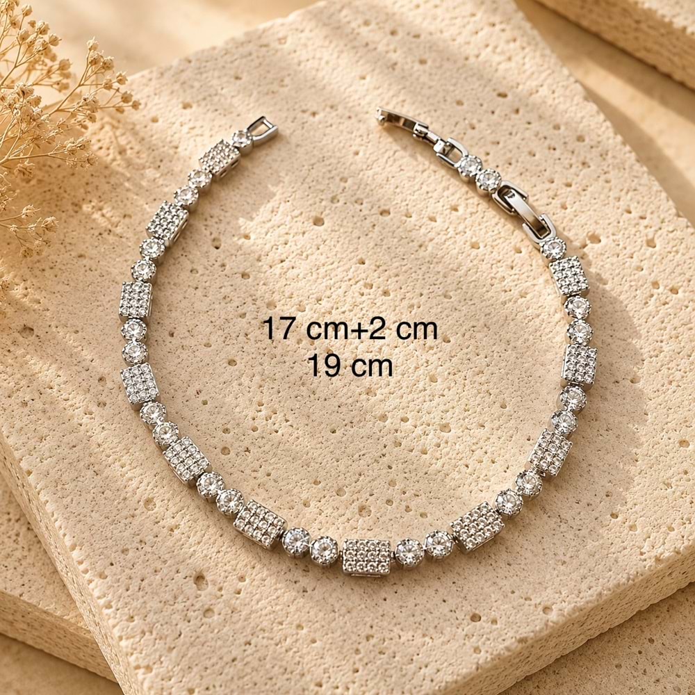 XUPING GÜMÜŞ RENK, KARE VE YUVARLAK TAŞLI BİLEKLİK 17+2CM ACR9838