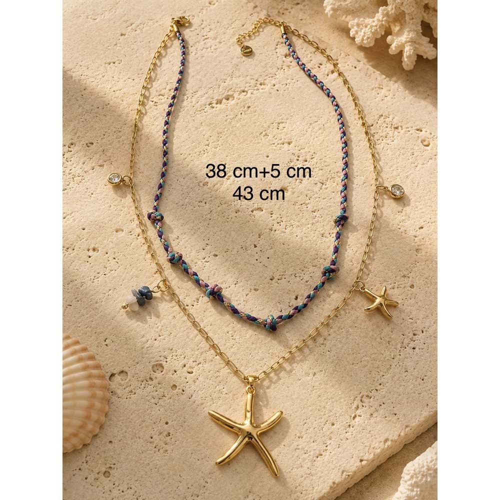 MOR İPLİ, DENİZYILDIZI UÇLU, İKİLİ ÇELİK KOLYE 38+5CM ACR9841