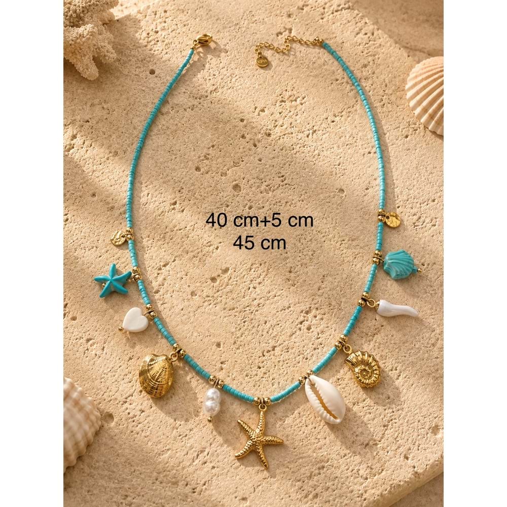 MAVİ BONCUKLU, DENİZ TEMALI, CHARMLI ÇELİK KOLYE 40+5CM ACR9843