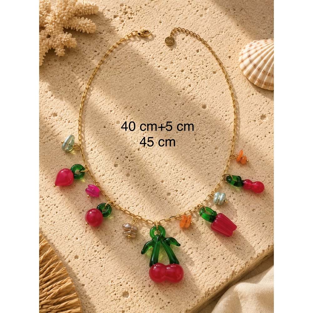 KİRAZ, ÇİLEK, DOMATES, BİBER CHARMLI ÇELİK KOLYE 40+5CM ACR9844