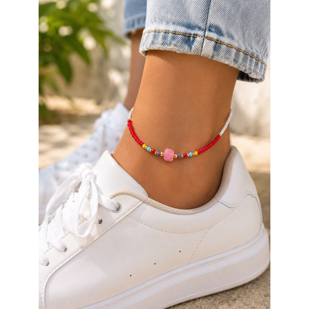 PEMBE TAŞLI, RENKLİ BONCUKLU HALHAL 23+4CM ACR9847