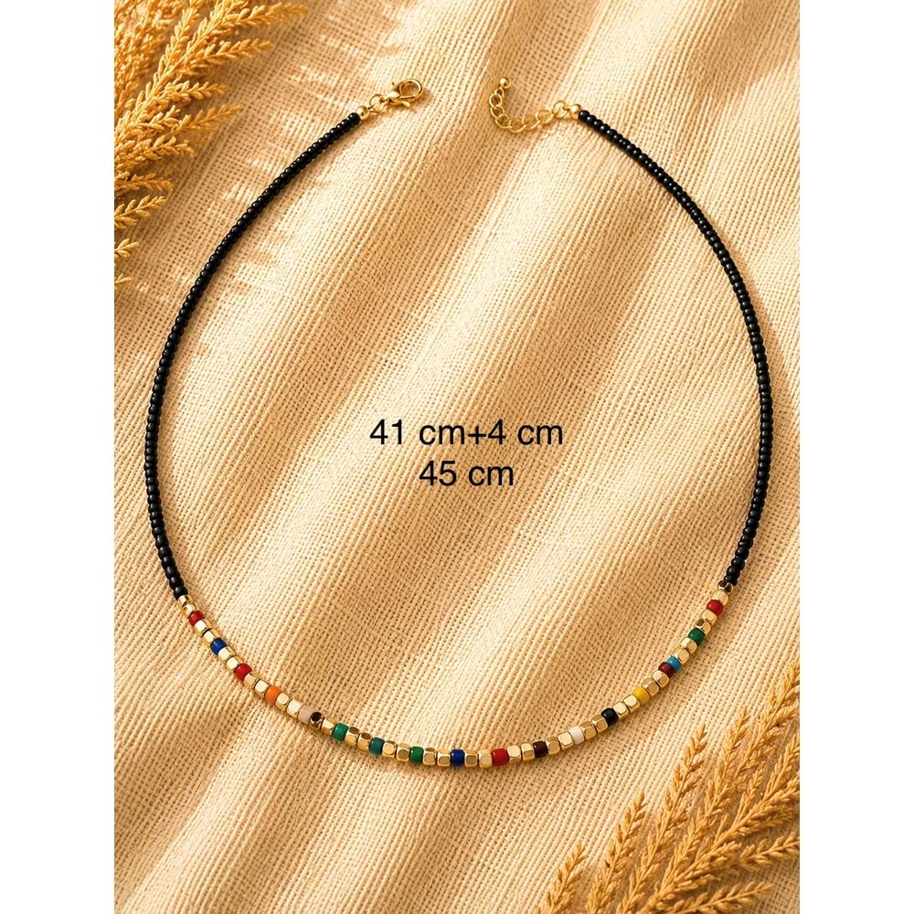 SİYAH, RENKLİ BONCUKLU KOLYE 41+4CM ACR9867