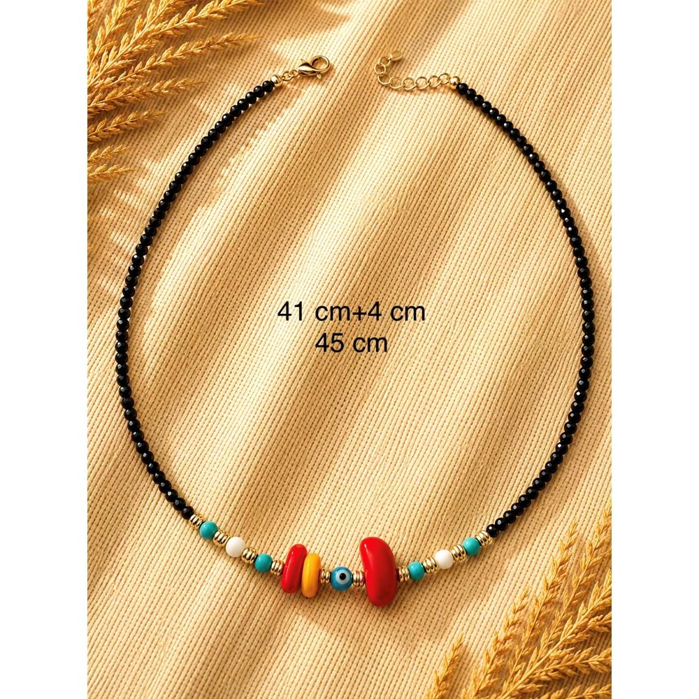 SİYAH, RENKLİ BONCUKLU KOLYE 41+4CM ACR9870