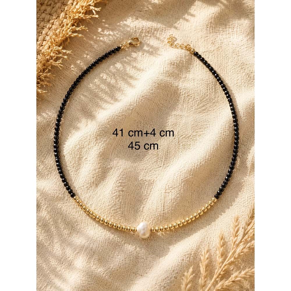 SİYAH, GOLD BONCUKLU İNCİ KOLYE 41+4CM ACR9871