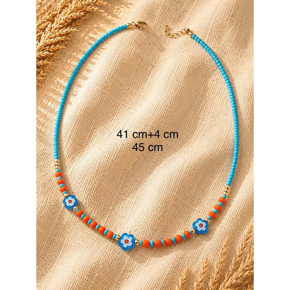 MAVİ, TURUNCU BONCUKLU ÇİÇEK KOLYE 41+4 CM ACR9872