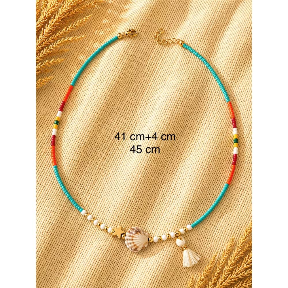 RENKLİ BONCUKLU, PÜSKÜL, MİDYE DETAYLI KOLYE 41+4CM ACR9873
