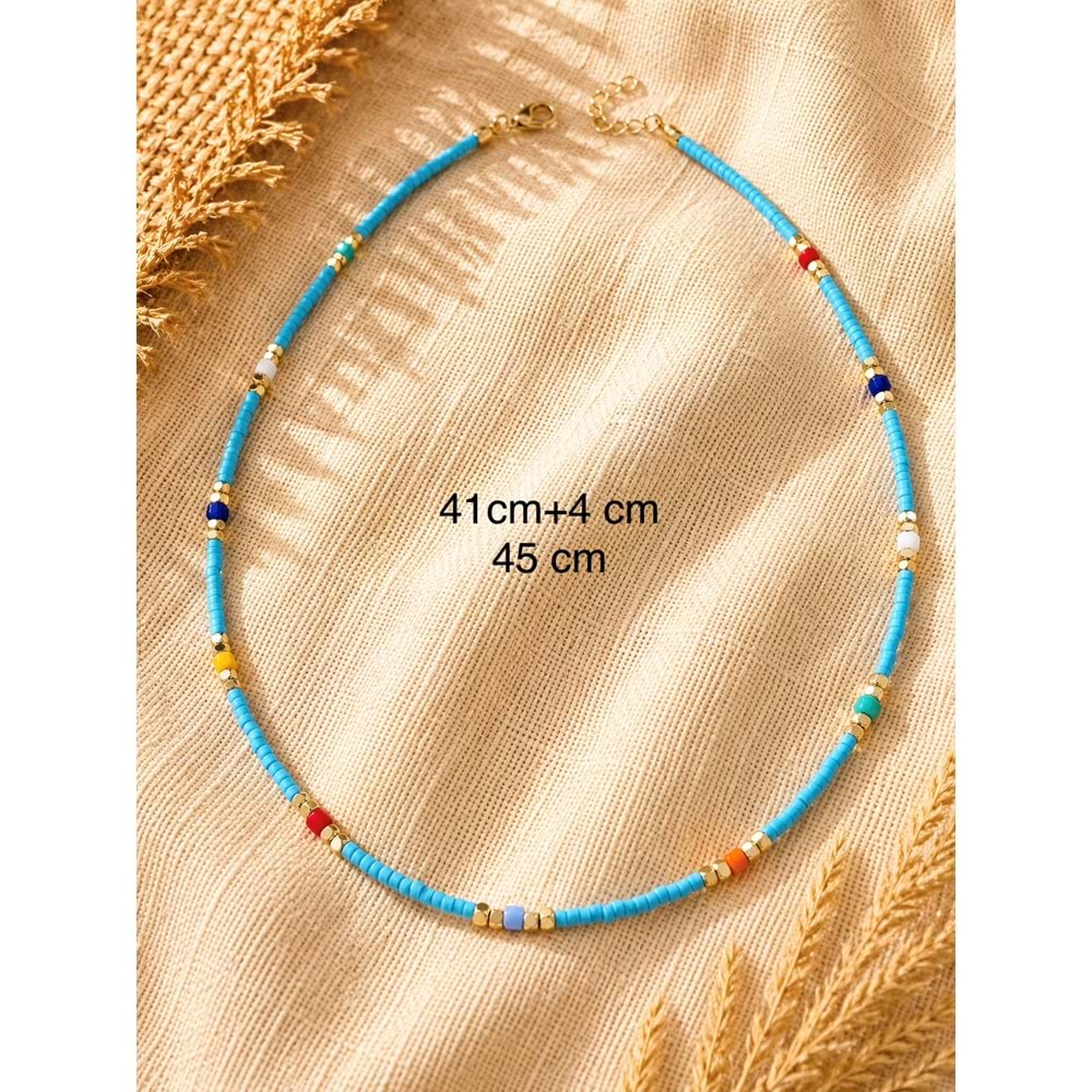 RENKLİ, MAVİ BONCUKLU KOLYE 41+4CM ACR9876