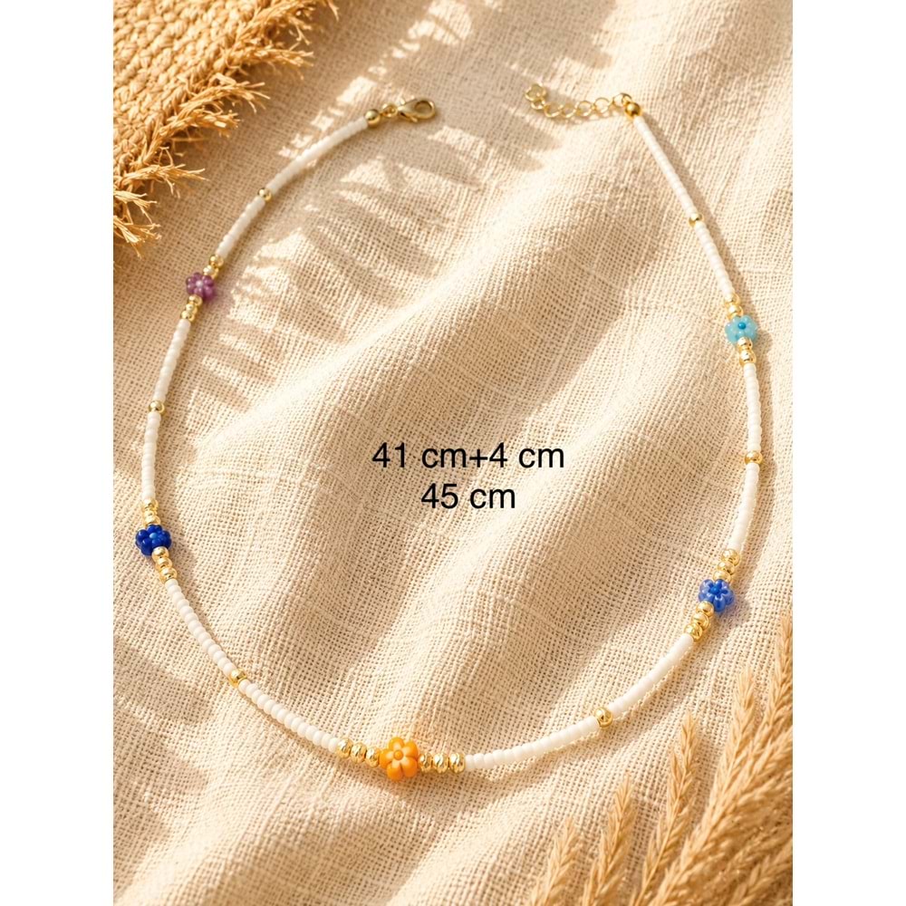BEYAZ BONCUKLU, RENKLİ ÇİÇEK KOLYE 41+4CM ACR9877