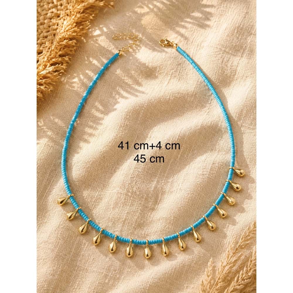 MAVİ BONCUKLU, DAMLA KOLYE 41+4CM ACR9879