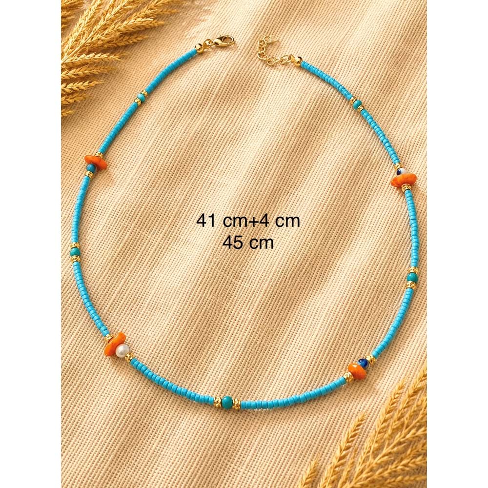 MAVİ BONCUKLU RENKLİ KOLYE 41+4CM ACR9885