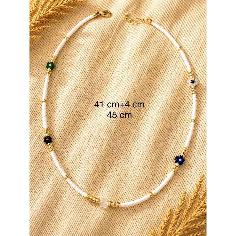 BEYAZ BONCUKLU, ÇİÇEKLİ KOLYE 41+4CM ACR9887