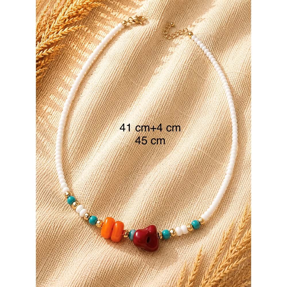 BEYAZ, KARIŞIK RENK BONCUKLU KOLYE 41+4CM ACR9888