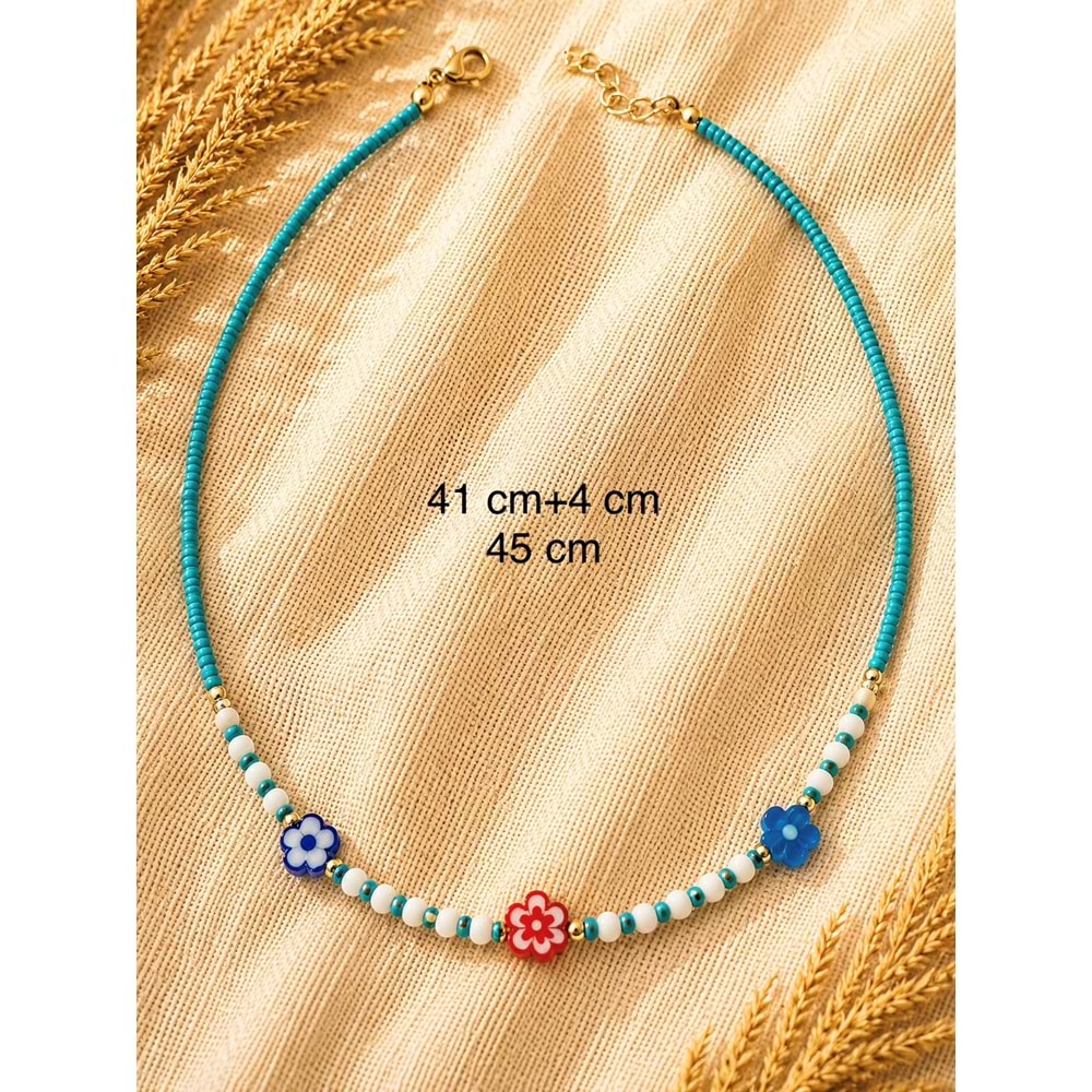 YEŞİL BONCUKLU, RENKLİ ÇİÇEKLİ KOLYE 41+4CM ACR9897
