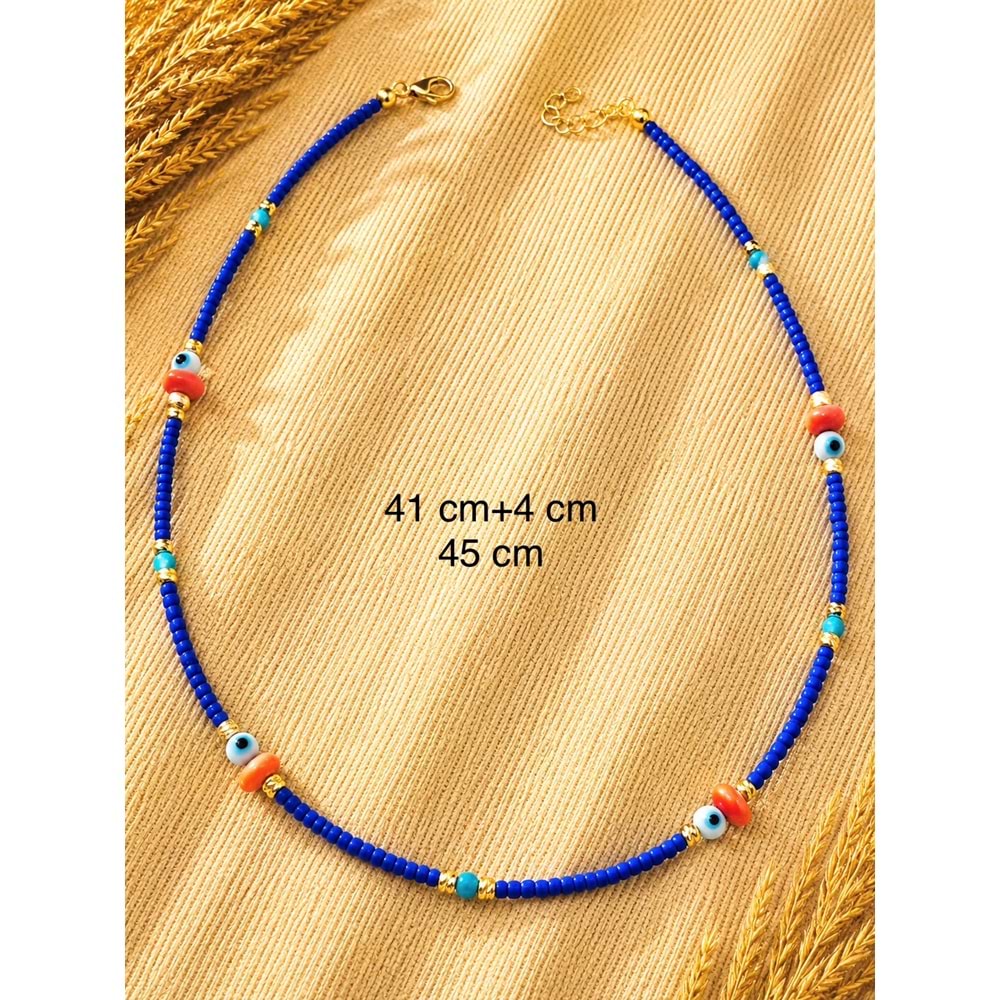 SAKS MAVİ BONCUKLU RENKLİ KOLYE 41+4CM ACR9900