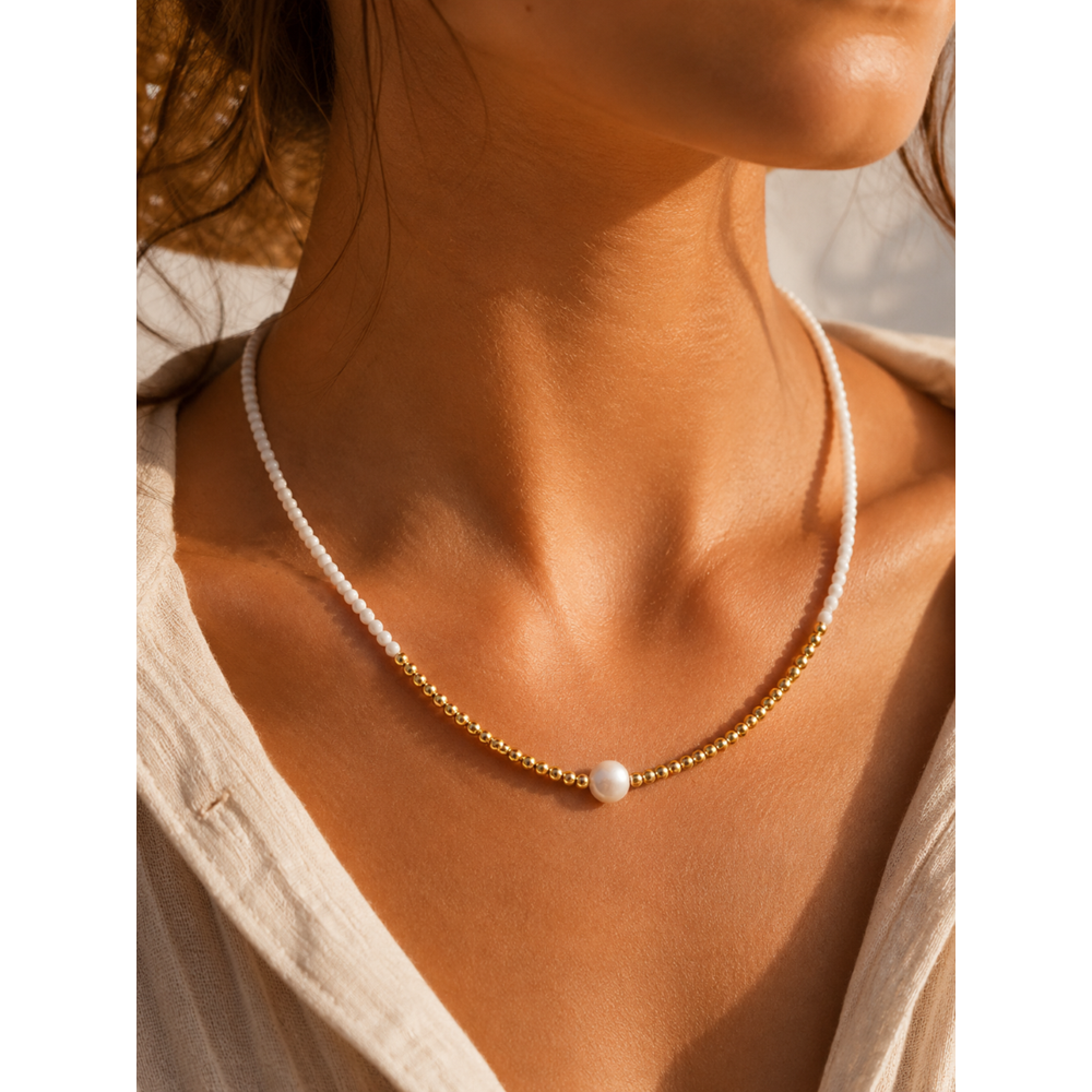 BEYAZ, GOLD BONCUKLU İNCİ KOLYE 41+4CM ACR9903