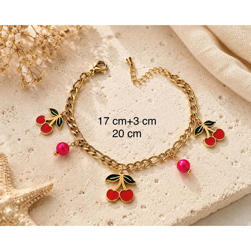 KİRAZ CHARMLI ÇELİK BİLEKLİK 17+3CM ACR9909