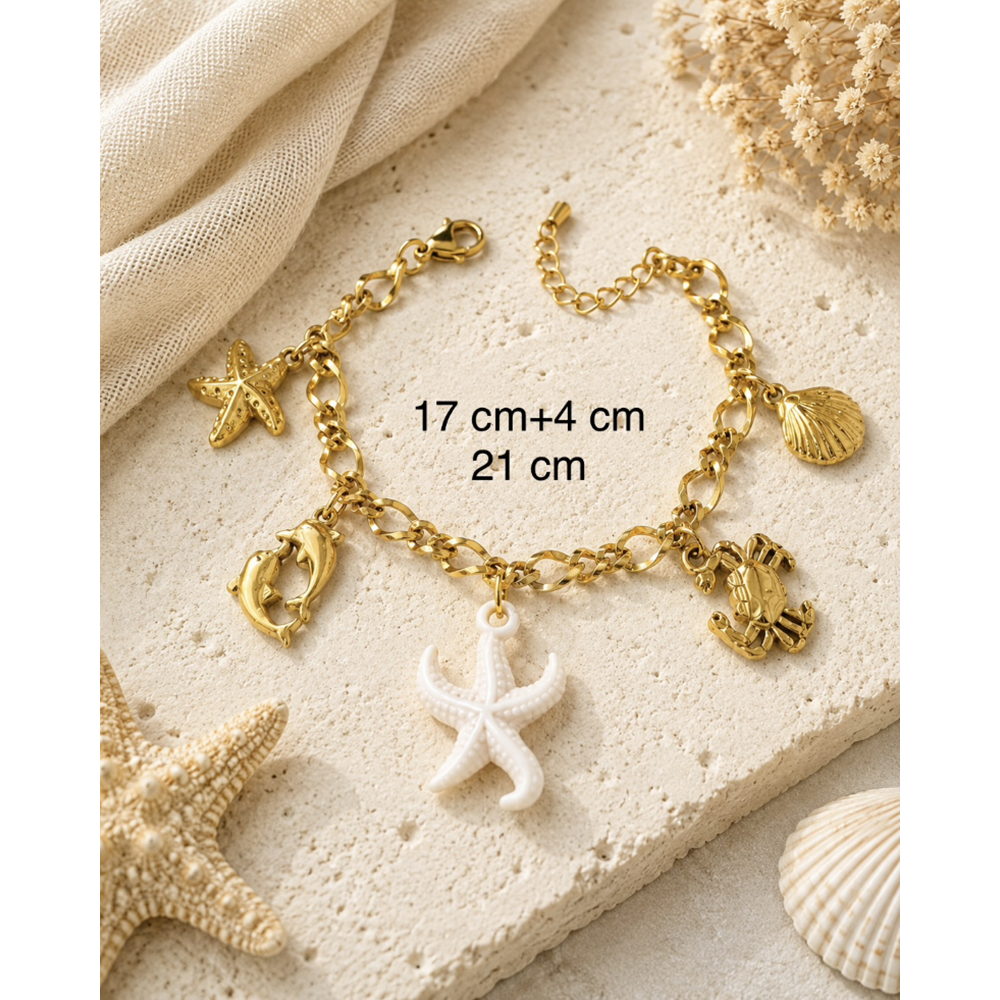 DENİZ YILDIZI VE DENİZ SİMGELERİ CHARMLI ÇELİK BİLEKLİK 17+4CM ACR9912
