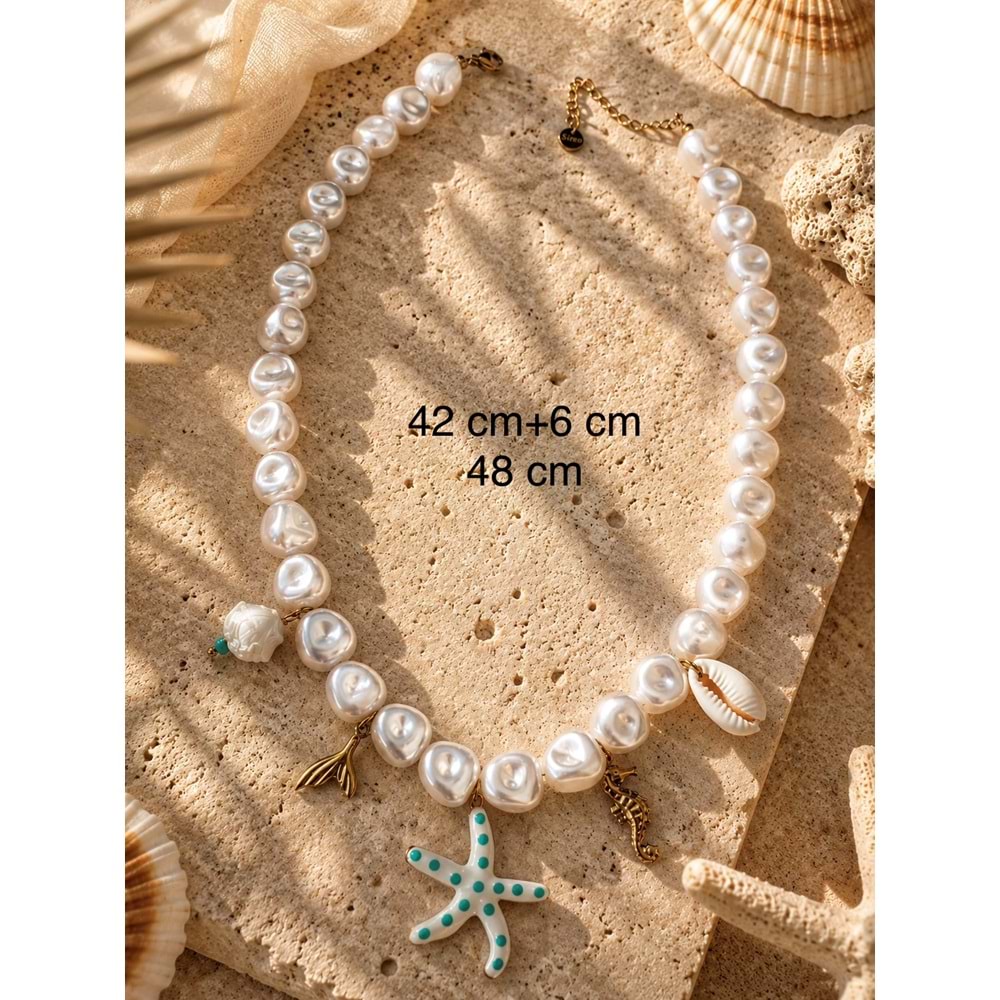 DENİZ YILDIZI CHARMLI, İNCİLİ ÇELİK KOLYE 42+6CM ACR9915
