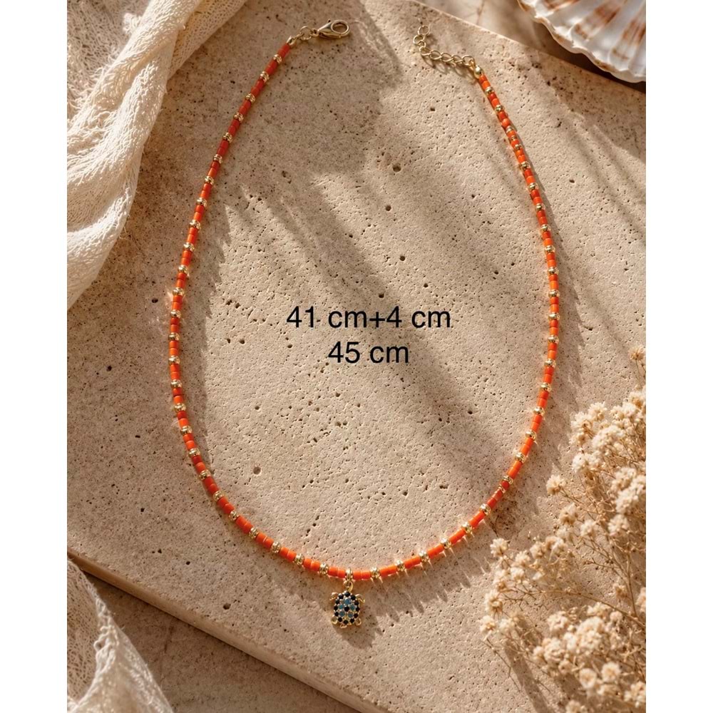 KAPLUMBAĞA UÇLU, TURUNCU RENK BONCUKLU KOLYE 41+4CM ACR9918
