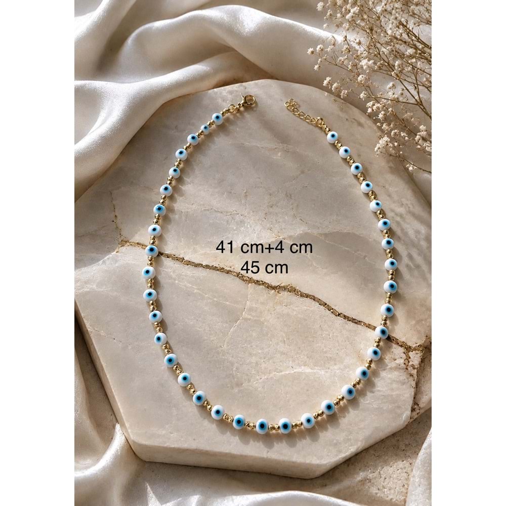 BEYAZ NAZAR BONCUKLU, DORİKALI KOLYE 41+4CM ACR9922