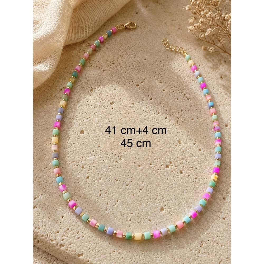 RENKLİ SEDEF TAŞLI, KARE BONCUKLU KOLYE 41+4CM ACR9926