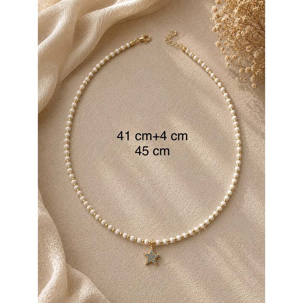 MAVİ TAŞ YILDIZ UÇLU, KREM RENK BONCUKLU KOLYE 41+4CM ACR9929