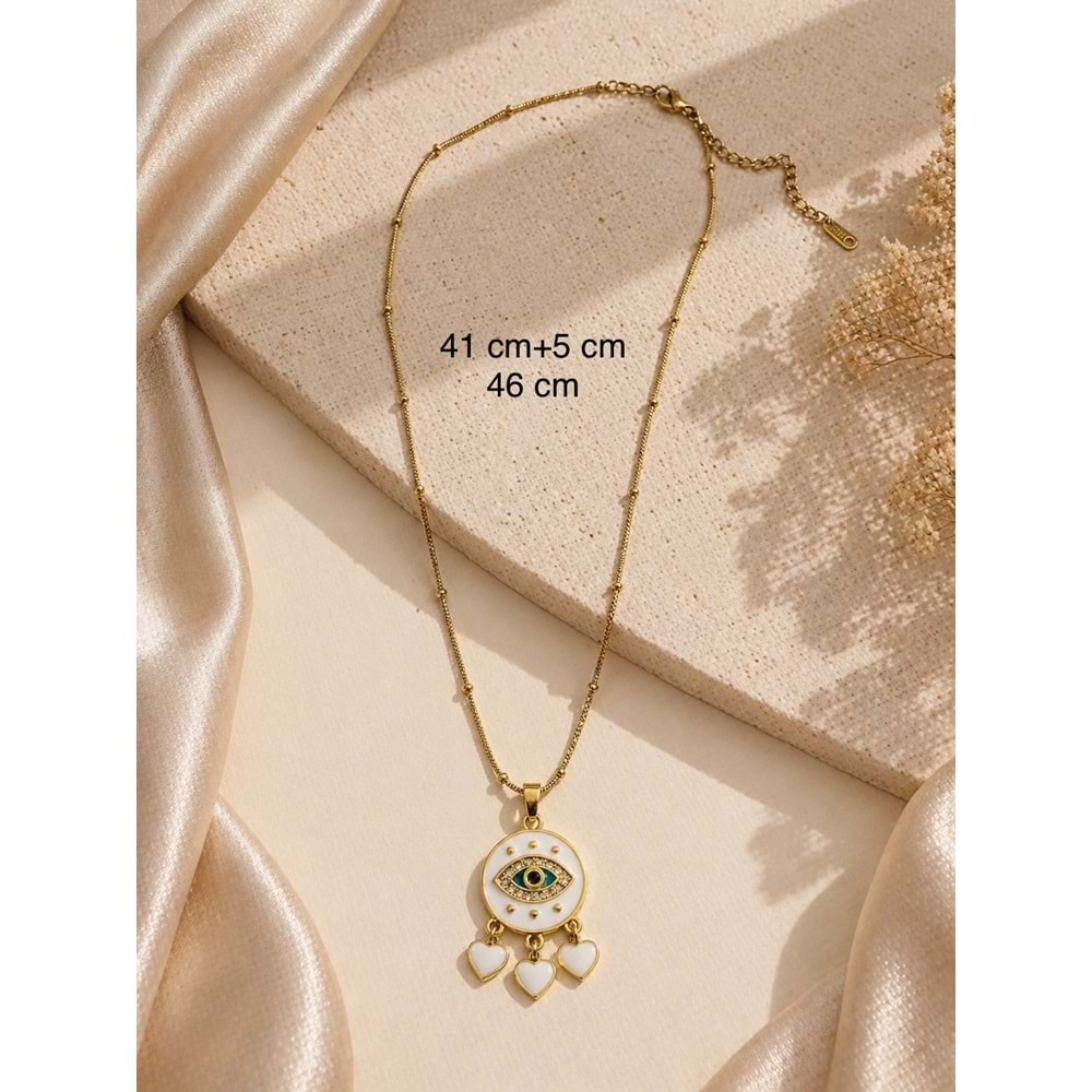 ÇELİK GOLD RENK, KALP SALLANTILI GÖZ KOLYE 41+5CM ACR9953