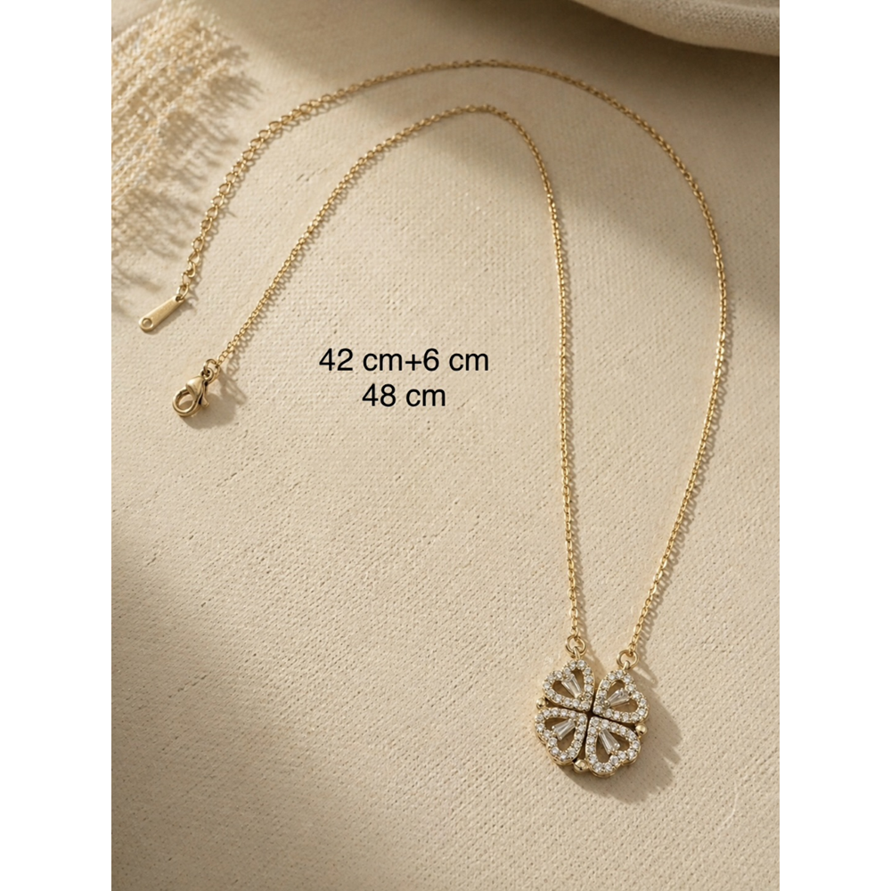 ÇELİK GOLD RENK, AÇILIP KAPANABİLEN, MIKNATISLI, KALPLİ, YONCA ŞANS KOLYE 42+6CM ACR9957