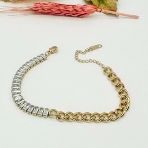 GOLD RENK BAGET TAŞLI ÇELİK ZİNCİR BİLEKLİK 316L5477
