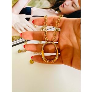 TAŞLI TFFNY ÇELİK KİLİT KOLYE GOLD RENK 50 CM ACR0043