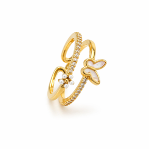 AYARLANABİLİR GOLD RENK, İKİLİ GÖRÜNÜMLÜ KELEBEKLİ-ÇİÇEKLİ YÜZÜK ACR0135
