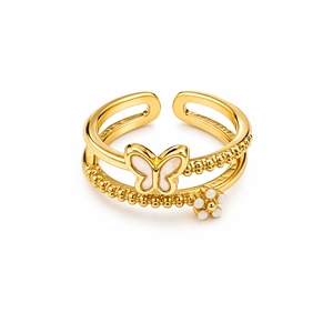 AYARLANABİLİR GOLD RENK, İKİLİ GÖRÜNÜMLÜ KELEBEKLİ-ÇİÇEKLİ YÜZÜK ACR0135