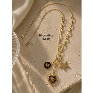 ÖZEL SERİ, KALPLİ VE YILDIZLI CHARM KOLYE 48+5CM ACR0307