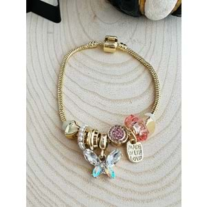 GOLD RENK PEMBE TAŞLI KELEBEKLİ CHARM BİLEKLİK ACR1573