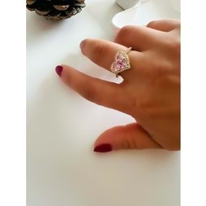 AYARLANABİLİR PEMBE TAŞLI ÇELİK KALP YÜZÜK GOLD RENK ACR1797