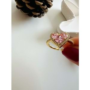 AYARLANABİLİR PEMBE TAŞLI ÇELİK KALP YÜZÜK GOLD RENK ACR1797