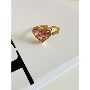 AYARLANABİLİR PEMBE TAŞLI ÇELİK KALP YÜZÜK GOLD RENK ACR1797