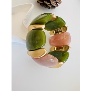 ESNEK MİSİNELİ KEMİK BİLEKLİK YEŞİL-GOLD-PUDRA ACR2075