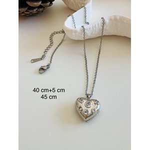 ÇELİK İKİ AYRI KALPTEN OLUŞAN KOLYE 40+5 CM GÜMÜŞ ACR2845