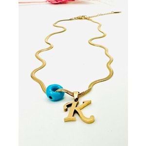 GOLD RENK K HARF NAZAR BONCUKLU ÇELİK KOLYE 40+6 CM ACR3537