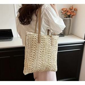 BOHO TARZ HASIR, YAZLIK, PLAJ OMUZ ÇANTASI, FERMUARLI, BÜYÜK BOY, BEJ ACR4540