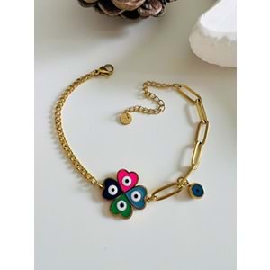 RENKLİ MİNELİ ÇELİK YONCA BİLEKLİK 16+5 CM-GOLD ACR4975