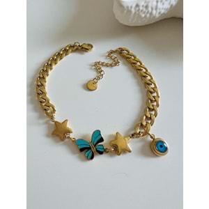 KELEBEKLİ NAZAR ÇELİK BİLEKLİK 18+5 CM-GOLD ACR5161