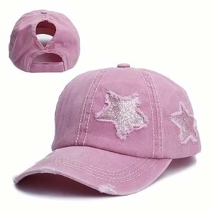 YILDIZ DESENLİ YIRTIK BEYZBOL TREND GÜNEŞ ŞAPKASI-PEMBE ACR5182