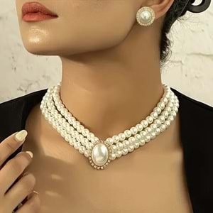 VİNTAGE 3'LÜ GÖRÜNÜMLÜ İNCİ KOLYE VE İNCİ KÜPE SET ACR5364