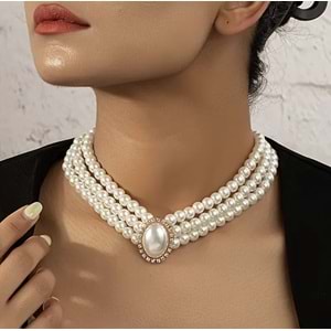 VİNTAGE 3'LÜ GÖRÜNÜMLÜ İNCİ KOLYE VE İNCİ KÜPE SET ACR5364
